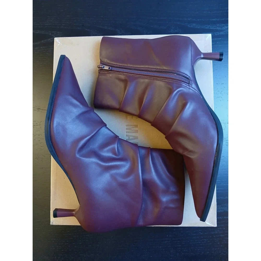 Steve Madden Maxxine Wine Burgundy Ruched Pointed Toe Kitten Heel Booties 8.5